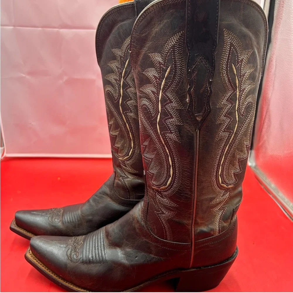 Lucchese Brown Embroidered Leather Cowboy Boots - Picture 3 of 6